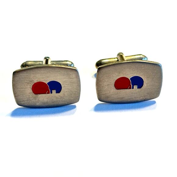 Silver cufflinks with red & blue enamel design unique mid century modernist - Picture 7 of 7